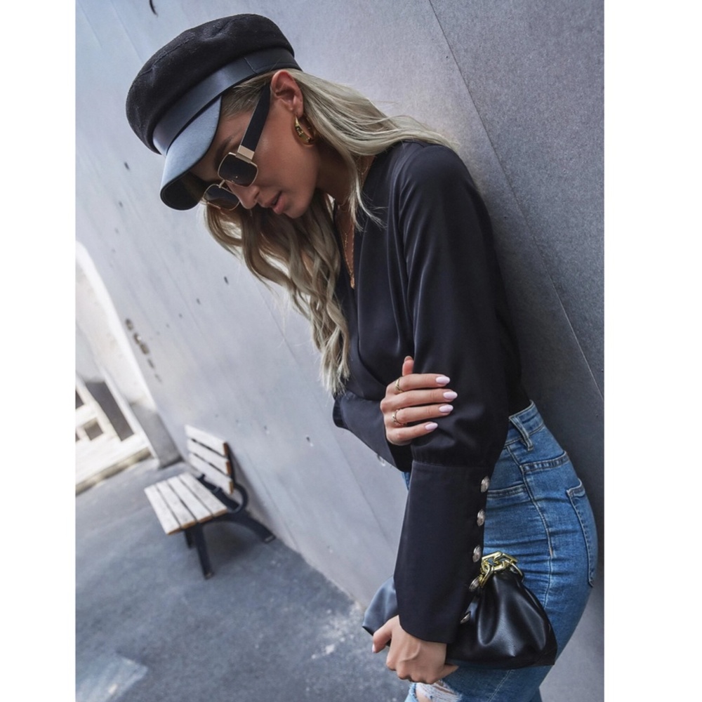 Black Elegant V neck Bodysuit Surplice Decolleté Long Sleeves - Picture 3 of 7